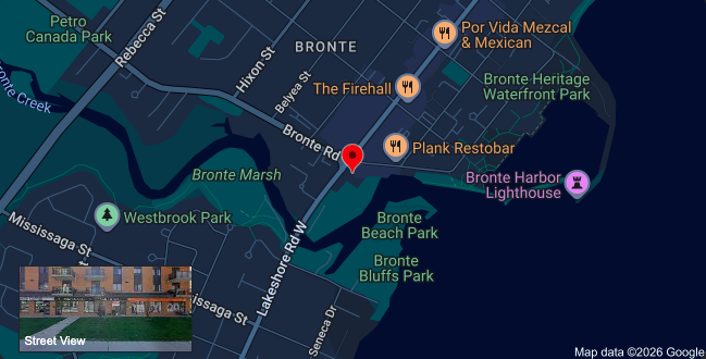 Google Maps view of Bronte Village with the studio location marked near Lakeshore Road West and Bronte Road.